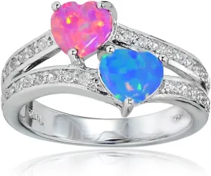 Ice Gems Sterling Silver Created Pink and Blue Opal and White Topaz Double Heart Friendship Ring