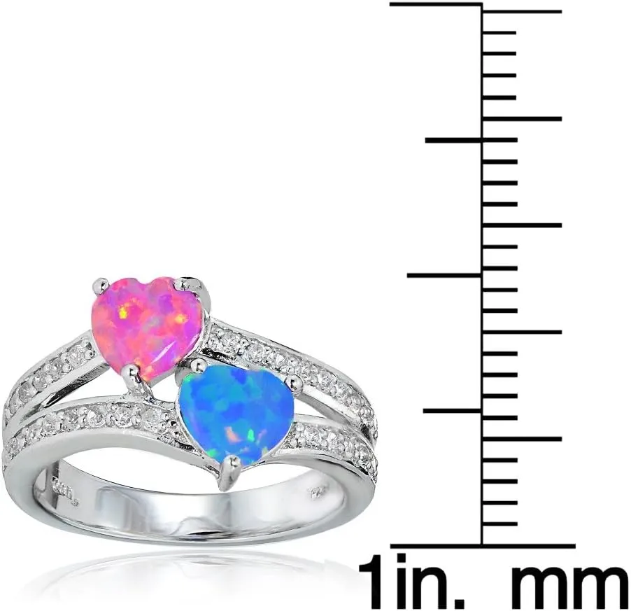 Ice Gems Sterling Silver Created Pink and Blue Opal and White Topaz Double Heart Friendship Ring