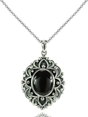 Ice Gems Sterling Silver Simulated Gemstone Oxidized Bali Inspired Vintage Oval Necklace