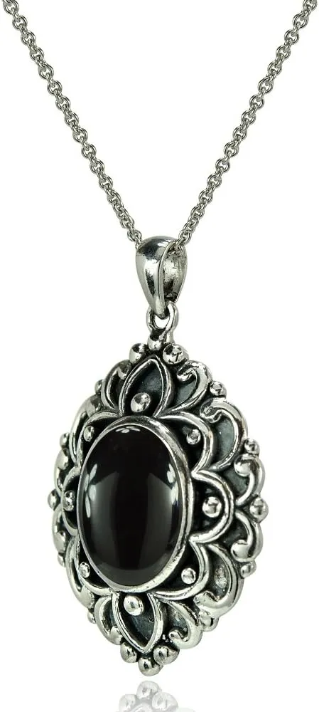 Ice Gems Sterling Silver Simulated Gemstone Oxidized Bali Inspired Vintage Oval Necklace
