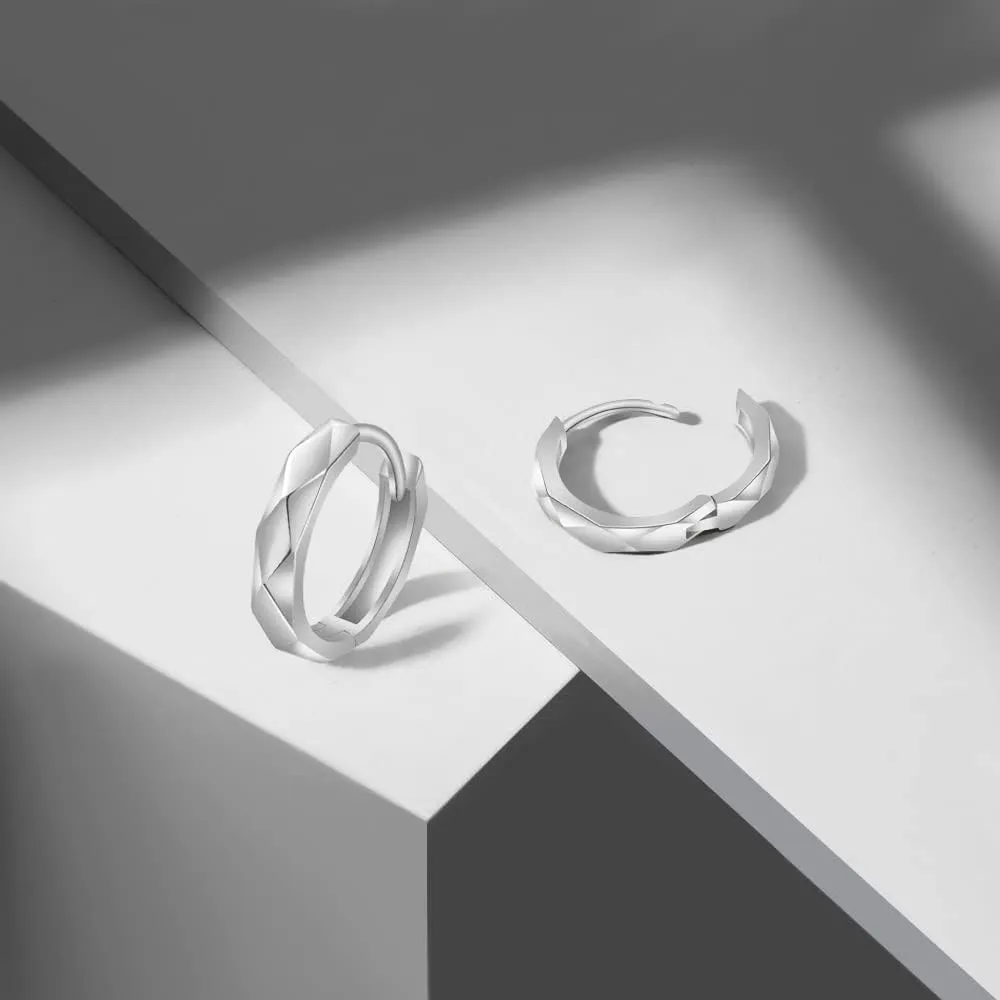 Immobird Hoop Earrings Men Unique Geometric Cut Face 925 Sterling Silver Black Hoop Earrings Handsome and Stylish