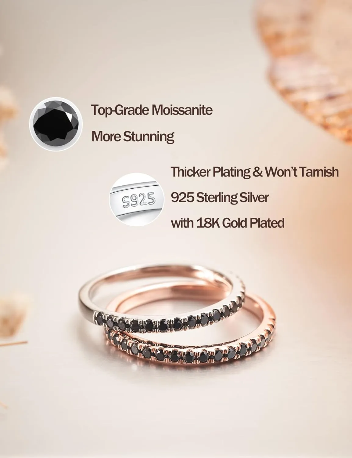 IMOLOVE Black Moissanite Wedding Band for Women Sterling Silver Moissanite Rings for Women with 18K White Gold Plated Half Eternity Bands ring for Women