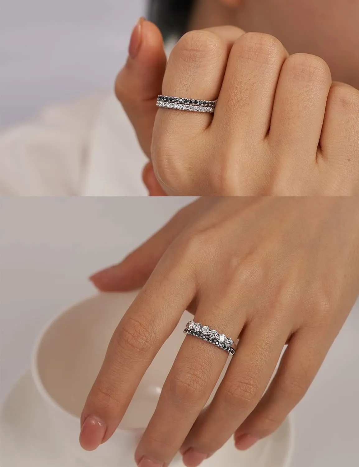 IMOLOVE Black Moissanite Wedding Band for Women Sterling Silver Moissanite Rings for Women with 18K White Gold Plated Half Eternity Bands ring for Women