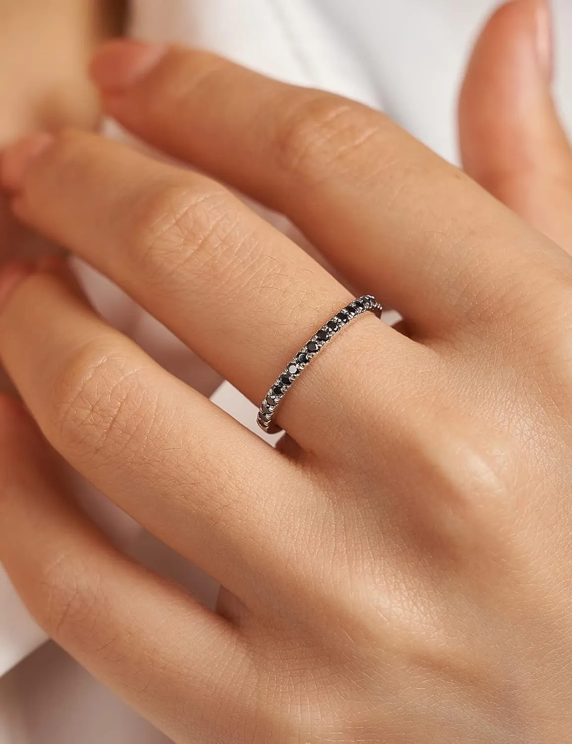 IMOLOVE Black Moissanite Wedding Band for Women Sterling Silver Moissanite Rings for Women with 18K White Gold Plated Half Eternity Bands ring for Women