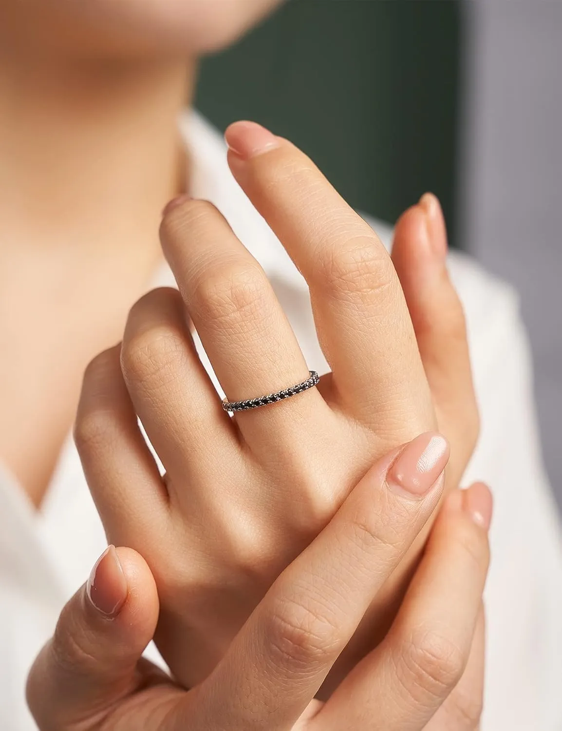 IMOLOVE Black Moissanite Wedding Band for Women Sterling Silver Moissanite Rings for Women with 18K White Gold Plated Half Eternity Bands ring for Women