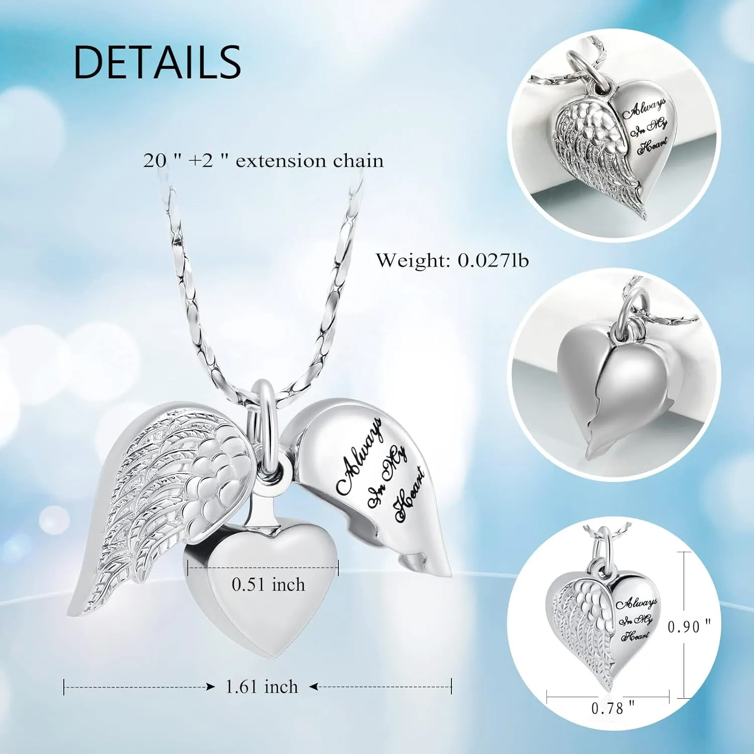 Imrsanl Cremation Jewelry for Ashes Heart Urn Necklace Pendants Ashes for Women Men Family Keepsake Memorial Angel Wing with Charm Heart for Loved Ones