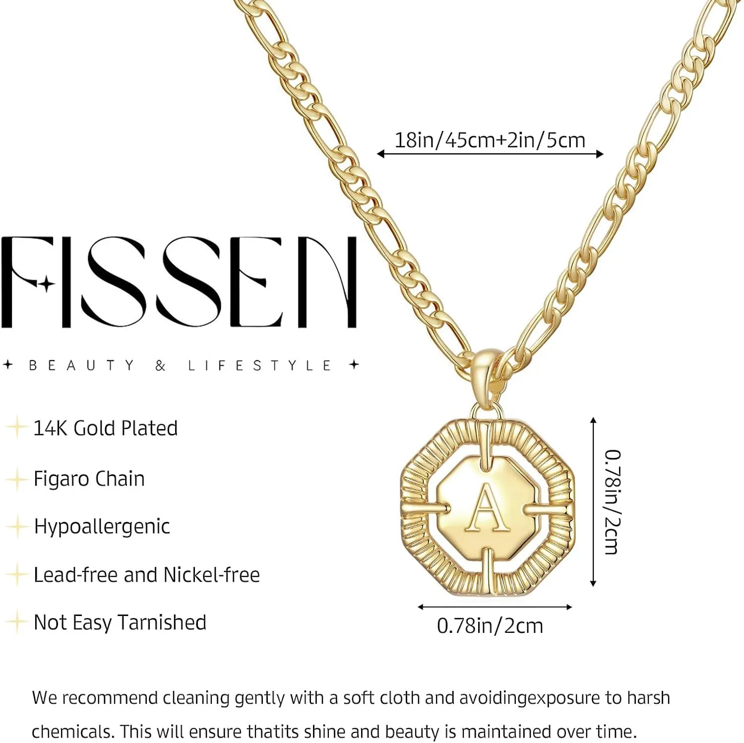 Initial Necklace for Women, 14k Gold Plated letter Necklace Dainty Gold Octagonal Necklace Figaro Chain Name Necklace Personalized Initial Octagonal Pendant Necklace for Women Trendy Gold Jewelry