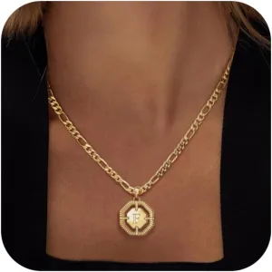 Initial Necklace for Women, 14k Gold Plated letter Necklace Dainty Gold Octagonal Necklace Figaro Chain Name Necklace Personalized Initial Octagonal Pendant Necklace for Women Trendy Gold Jewelry