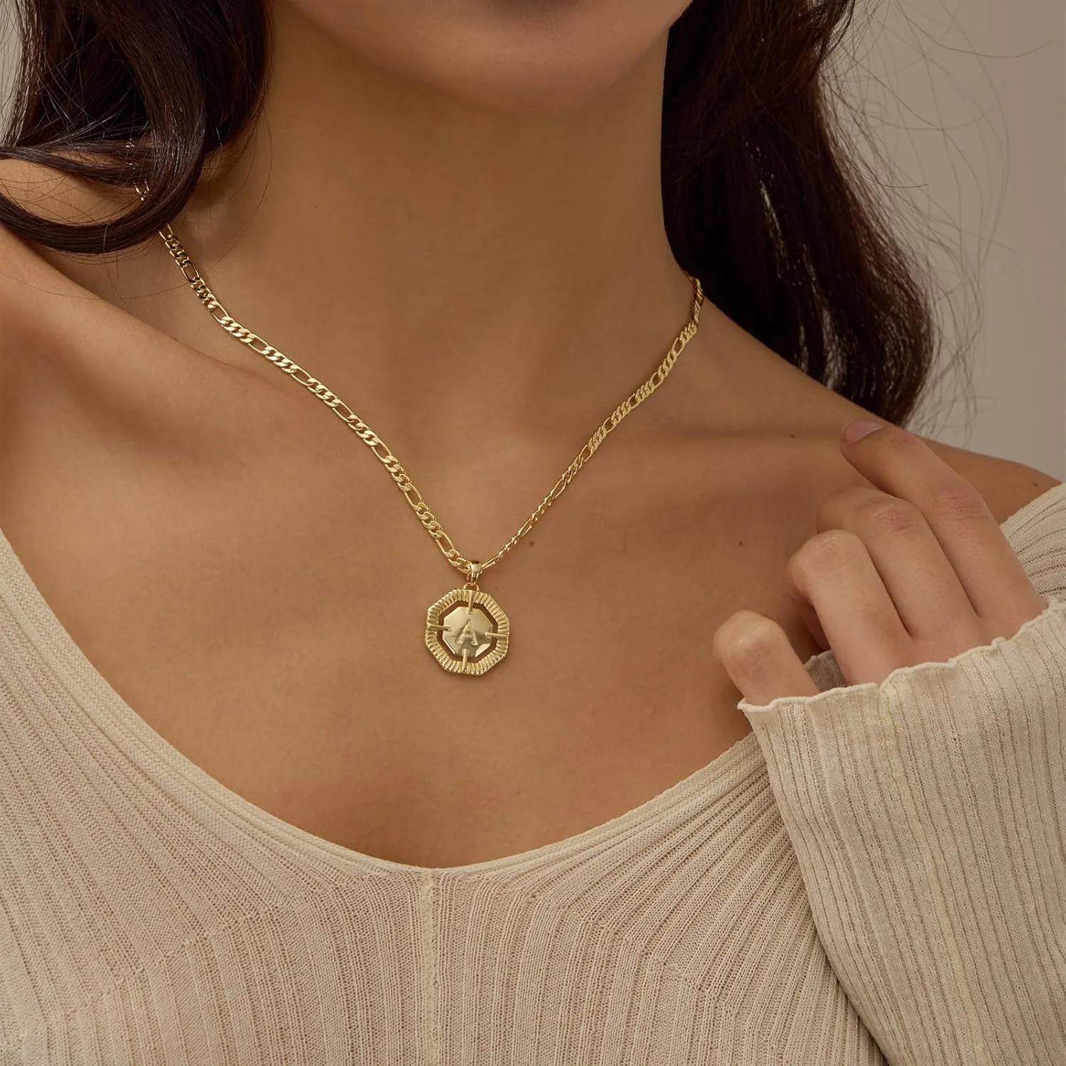 Initial Necklace for Women, 14k Gold Plated letter Necklace Dainty Gold Octagonal Necklace Figaro Chain Name Necklace Personalized Initial Octagonal Pendant Necklace for Women Trendy Gold Jewelry