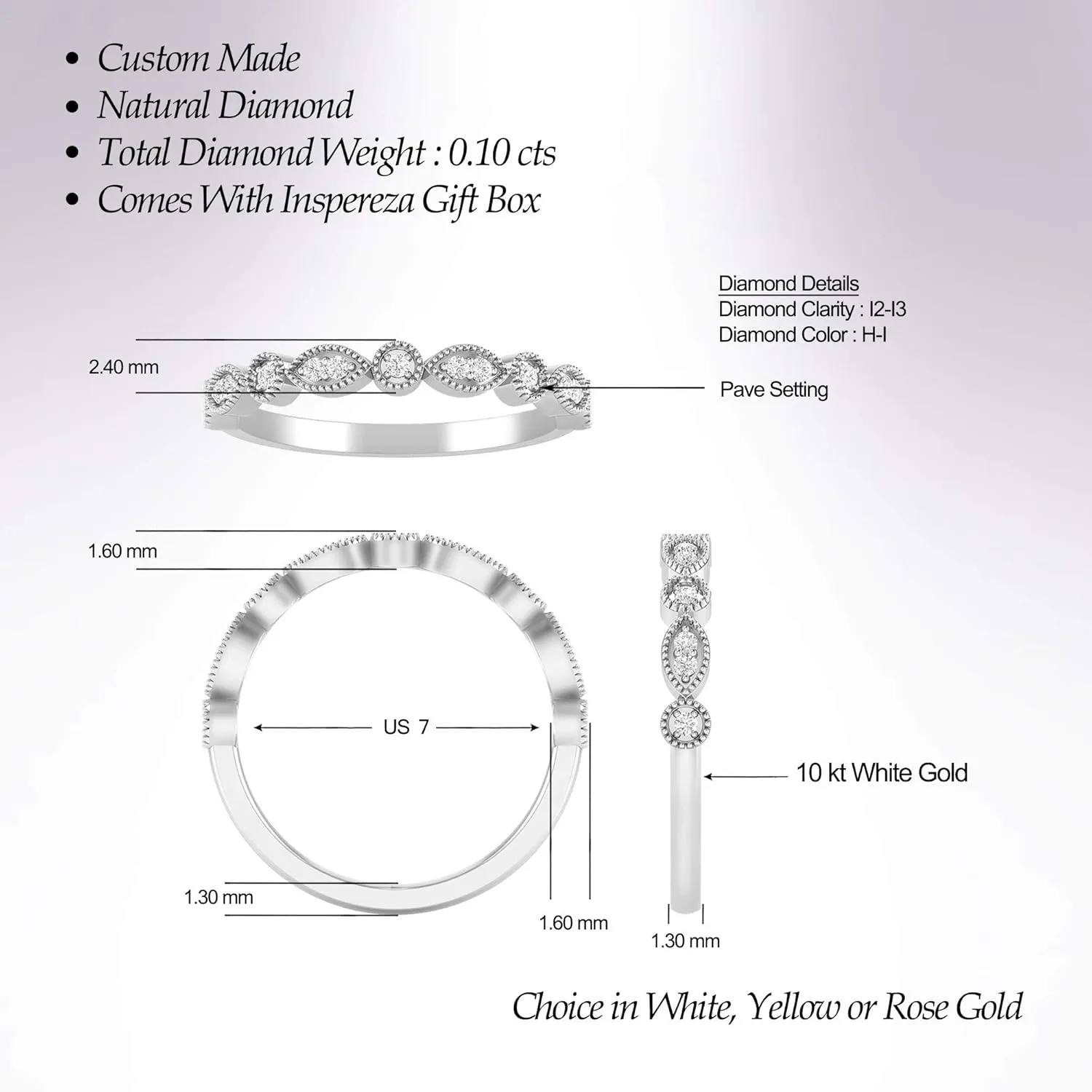 Inspereza 1/10 Carat 10kt Gold Round Diamond Petite Milgrain Wedding Anniversary Stackable Band. (H-I Color, I2-I3 Clarity)