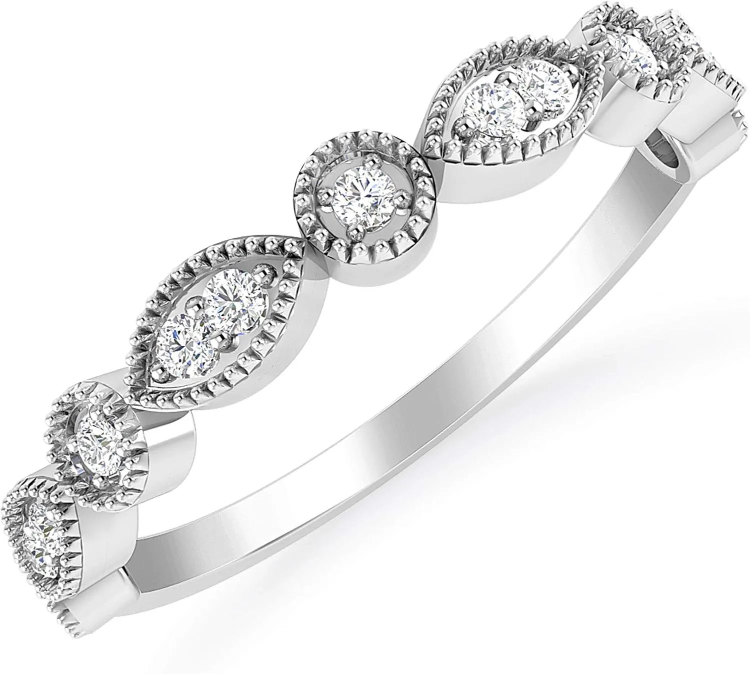 Inspereza 1/10 Carat 10kt Gold Round Diamond Petite Milgrain Wedding Anniversary Stackable Band. (H-I Color, I2-I3 Clarity)