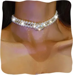 JEAIRTS Pearl Choker Necklace Gold Sparkly Rhinestone Chokers Bling Multi-Row Crystal Necklaces Chain Prom Costume Necklace Jewelry for Women