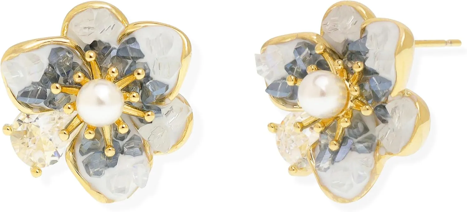 JeanBeau Pearl Flower Leaf Stud Earrings for Women Statement Cluster CZ Pearls Earing Gold Plated Sterling Silver Wedding Prom Birthday Fashion Jewelry Gift
