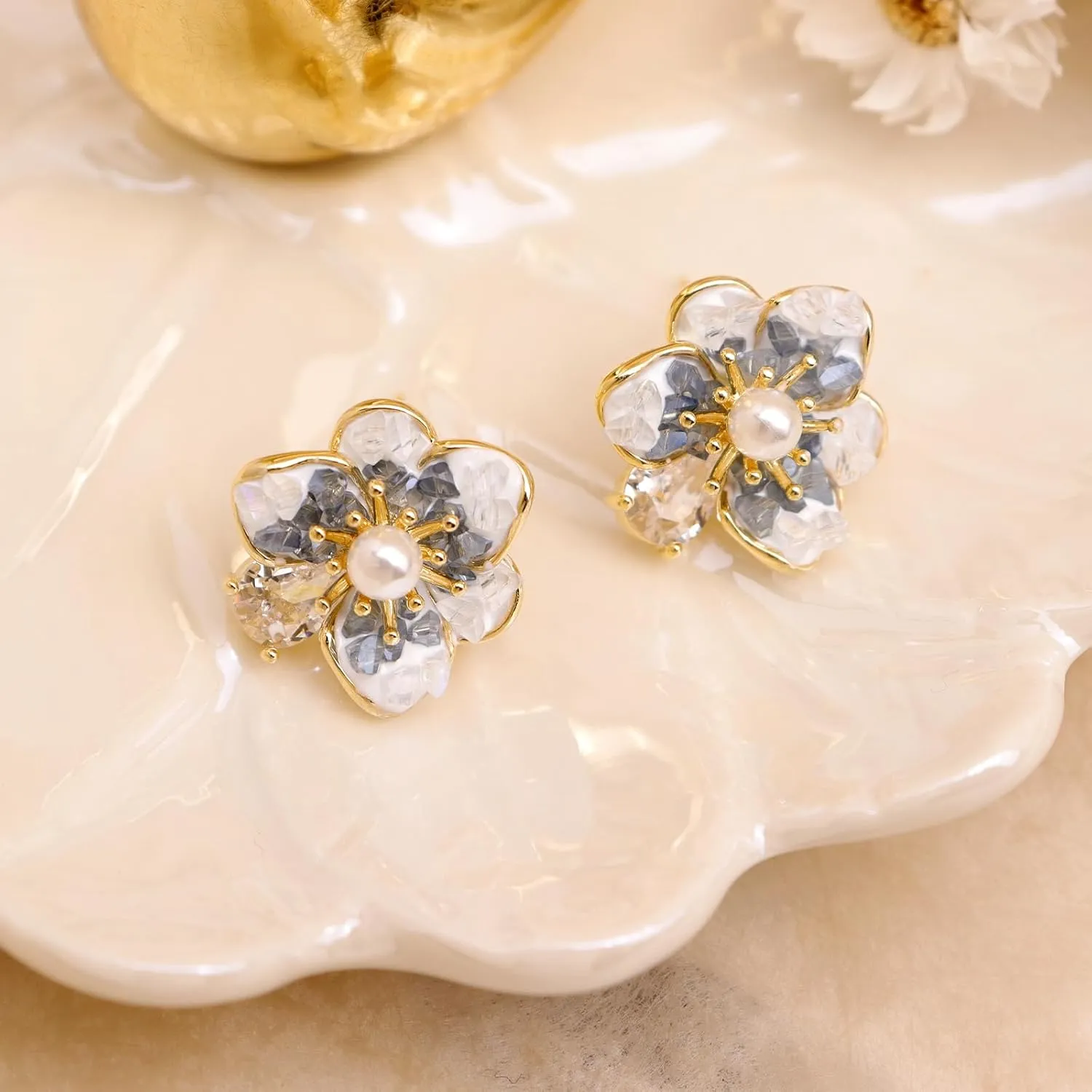 JeanBeau Pearl Flower Leaf Stud Earrings for Women Statement Cluster CZ Pearls Earing Gold Plated Sterling Silver Wedding Prom Birthday Fashion Jewelry Gift