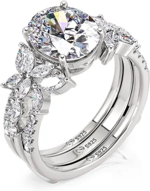 Jeulia 4.4CT Vintage Floral Butterfly Bridal Wedding Ring Set | Oval Cut CZ Stackable Engagement Rings | 925 Sterling Silver Promise Gift for Women, Brides with Gift Box