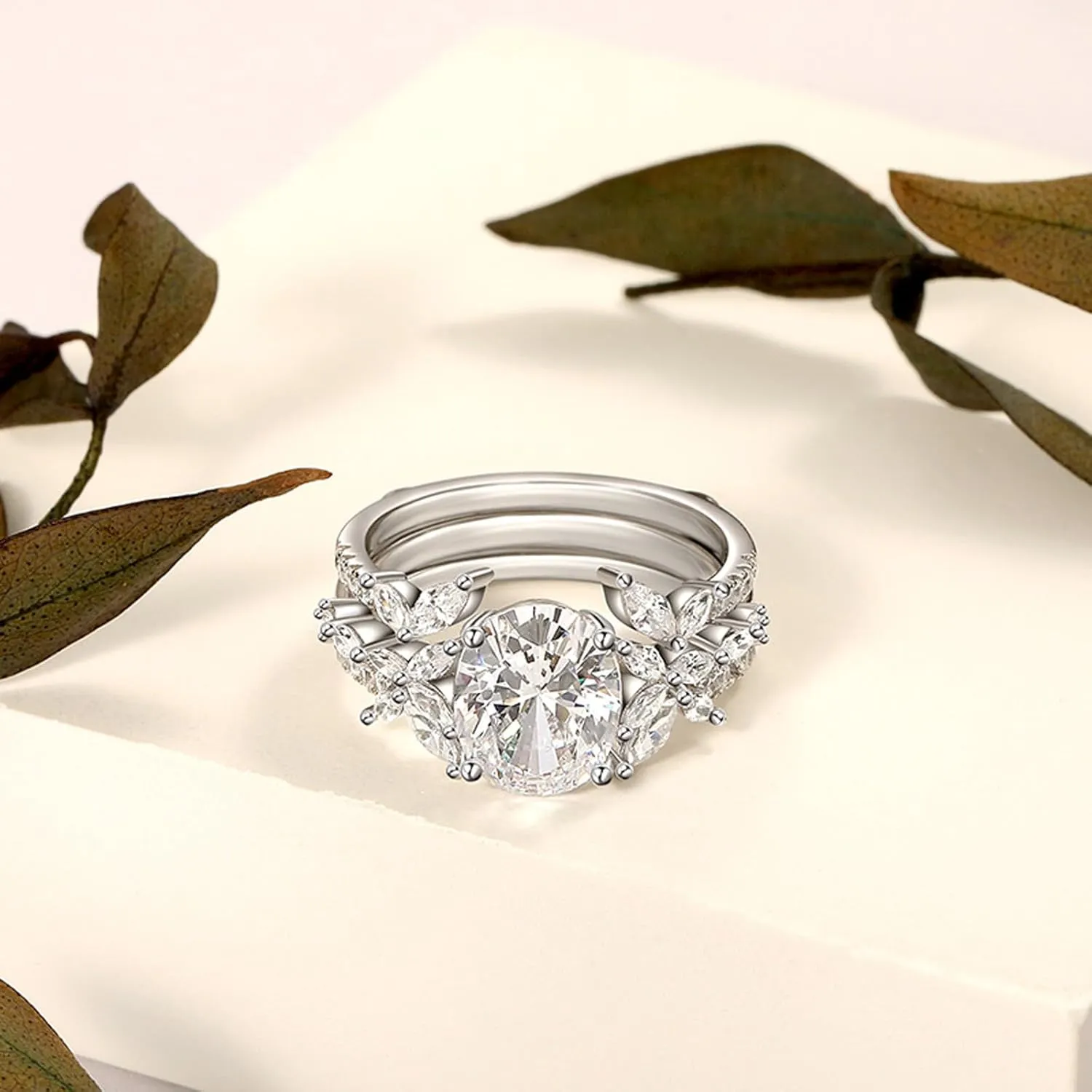 Jeulia 4.4CT Vintage Floral Butterfly Bridal Wedding Ring Set | Oval Cut CZ Stackable Engagement Rings | 925 Sterling Silver Promise Gift for Women, Brides with Gift Box
