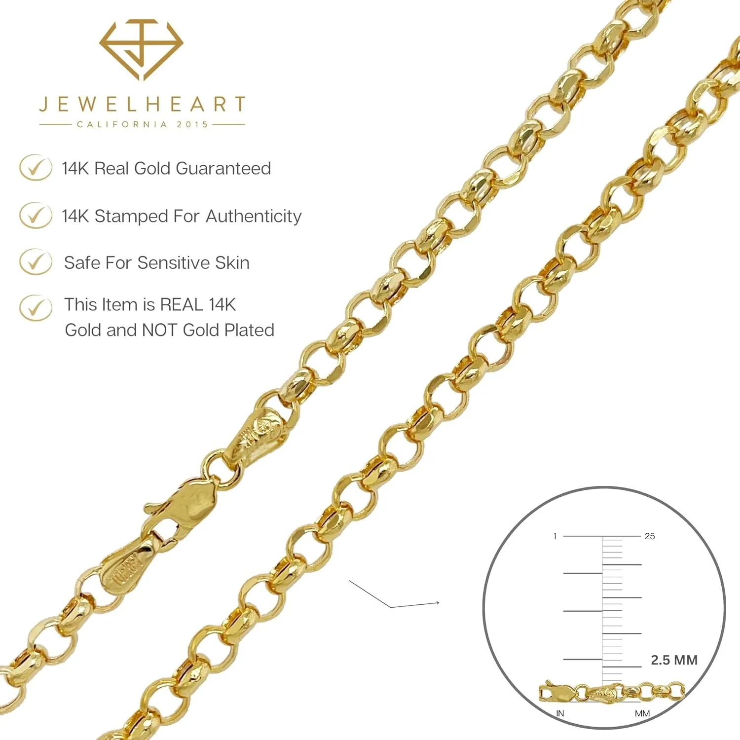 JEWELHEART 14K Yellow Real Gold Rolo Chain 1.9mm 2.5mm 2.8mm 3.75mm 4.2mm 5.2mm Diamond Cut Trendy Round Link Chain Pendant Necklace For Women with Lobster Clasp 16" 18" 20" 22" 24"