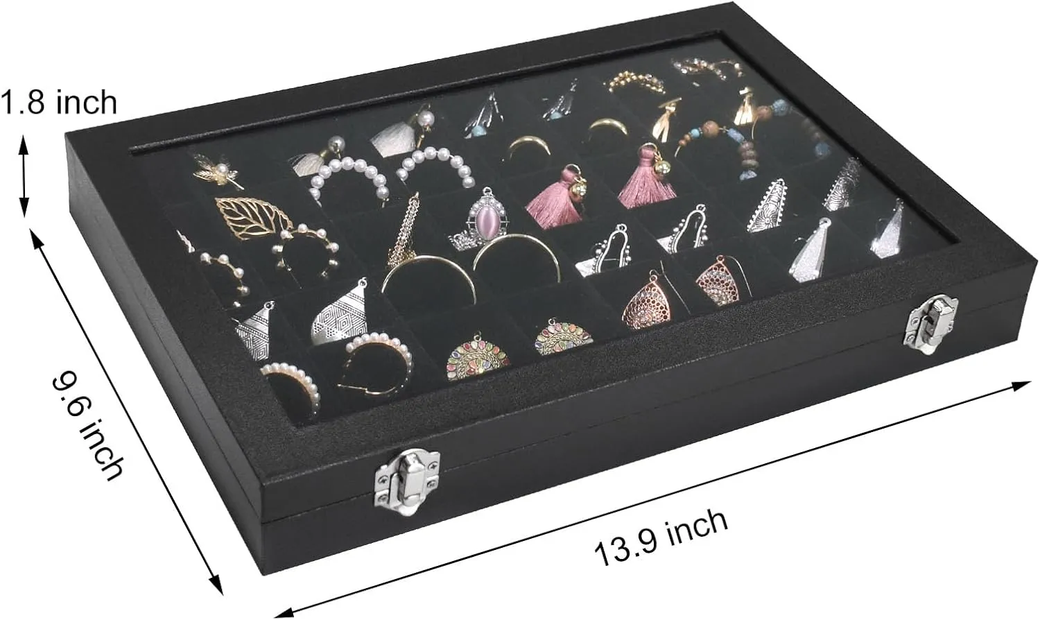 Jewelry Tray Organizer Box 48 Grid Jewelry Display Organizer Box with Transparent Lid Rings Earrings Necklaces Pendants Display Box Suitable for Women and Girls (48 Grid, Black)