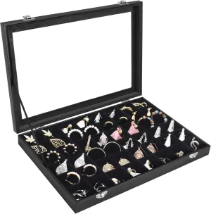 Jewelry Tray Organizer Box 48 Grid Jewelry Display Organizer Box with Transparent Lid Rings Earrings Necklaces Pendants Display Box Suitable for Women and Girls (48 Grid, Black)
