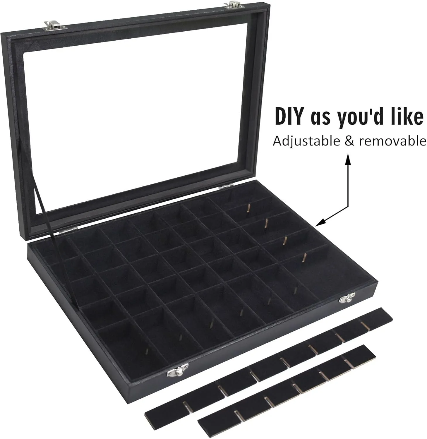 Jewelry Tray Organizer Box 48 Grid Jewelry Display Organizer Box with Transparent Lid Rings Earrings Necklaces Pendants Display Box Suitable for Women and Girls (48 Grid, Black)