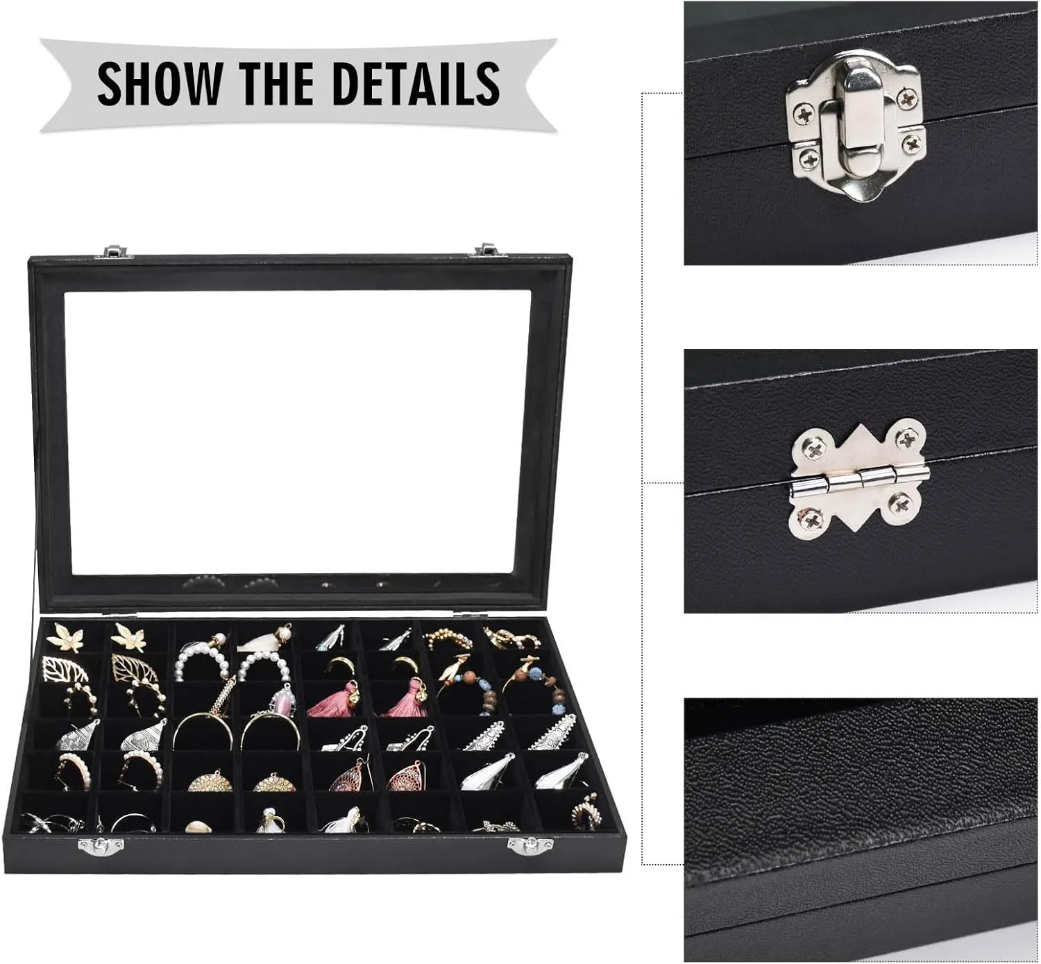 Jewelry Tray Organizer Box 48 Grid Jewelry Display Organizer Box with Transparent Lid Rings Earrings Necklaces Pendants Display Box Suitable for Women and Girls (48 Grid, Black)
