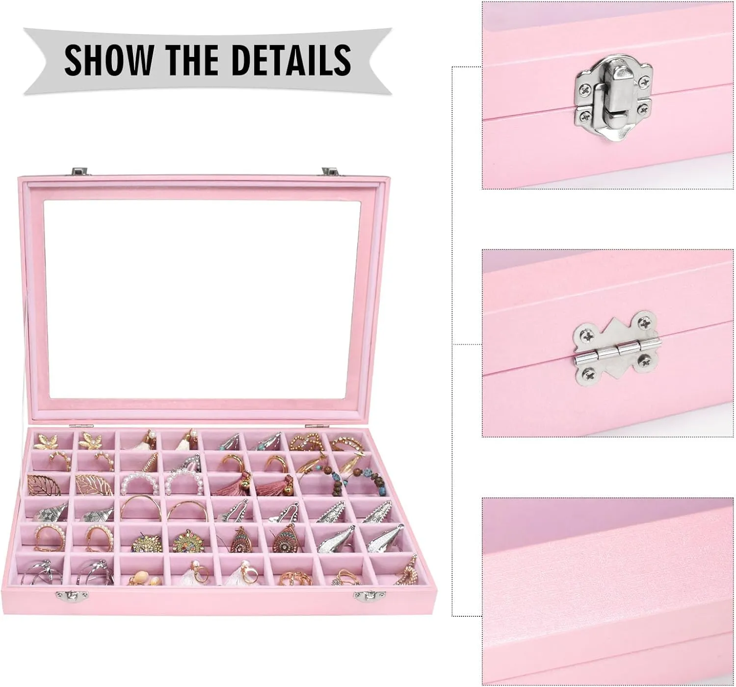 Jewelry Tray Organizer Box 48 Grid Jewelry Display Organizer Box with Transparent Lid Rings Earrings Necklaces Pendants Display Box Suitable for Women and Girls (48 Grid, Pink)