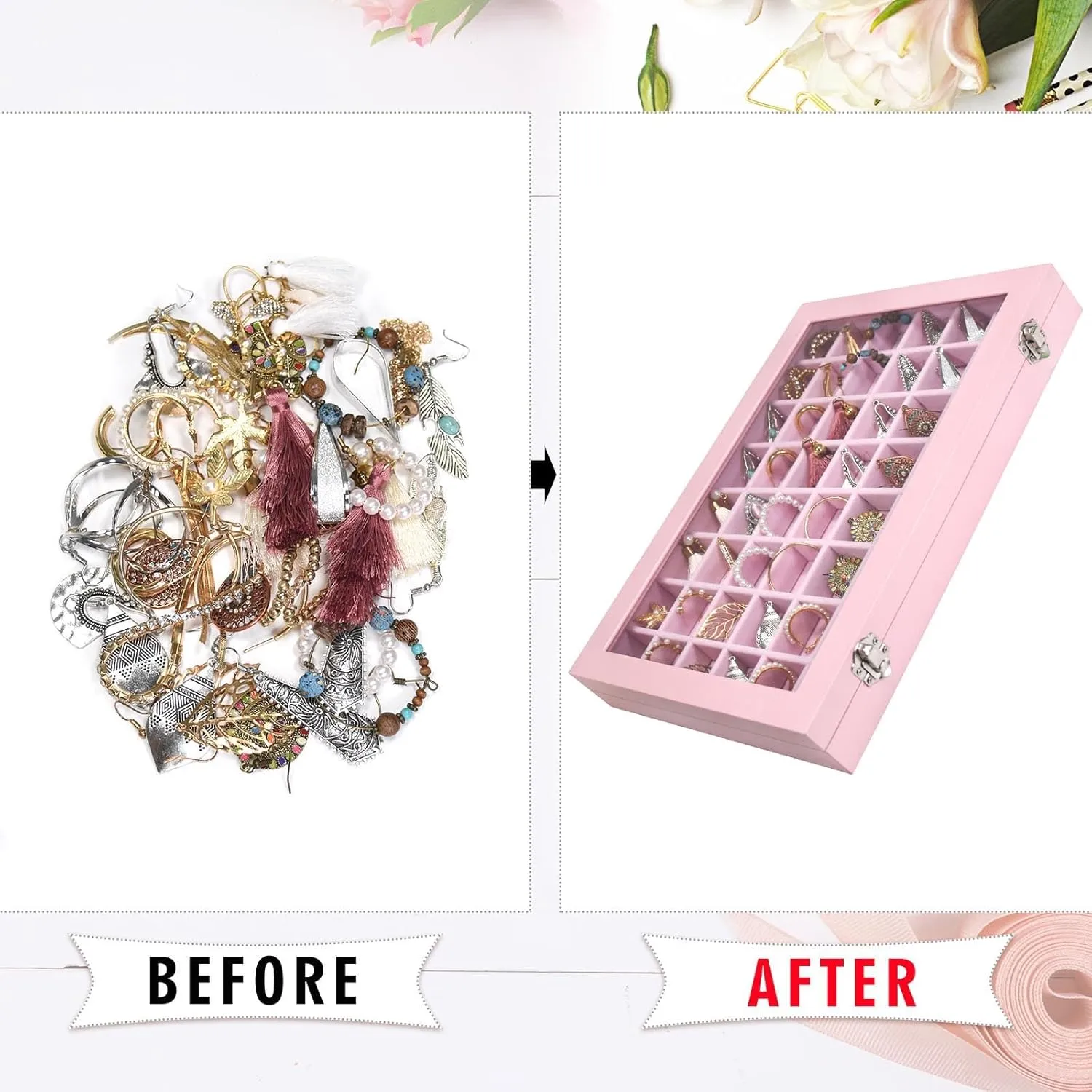 Jewelry Tray Organizer Box 48 Grid Jewelry Display Organizer Box with Transparent Lid Rings Earrings Necklaces Pendants Display Box Suitable for Women and Girls (48 Grid, Pink)