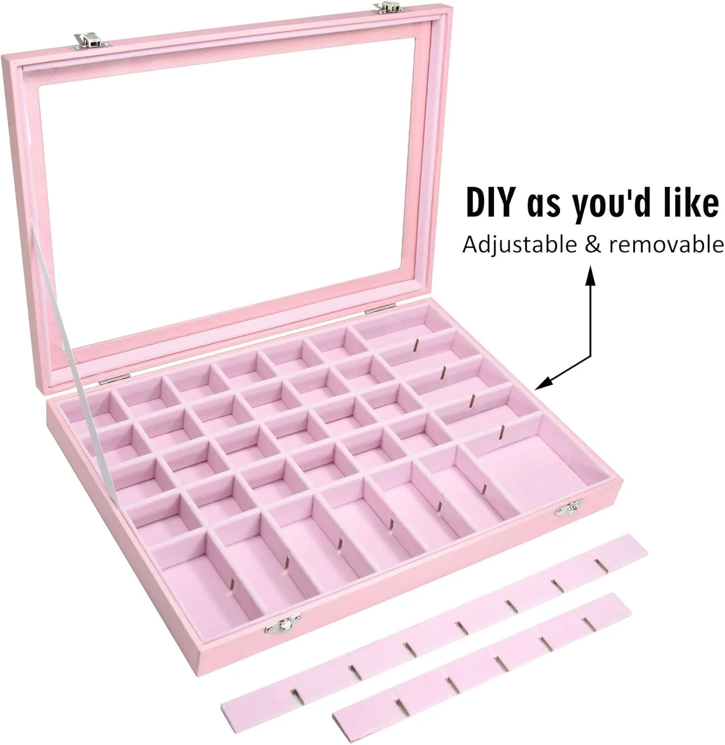 Jewelry Tray Organizer Box 48 Grid Jewelry Display Organizer Box with Transparent Lid Rings Earrings Necklaces Pendants Display Box Suitable for Women and Girls (48 Grid, Pink)
