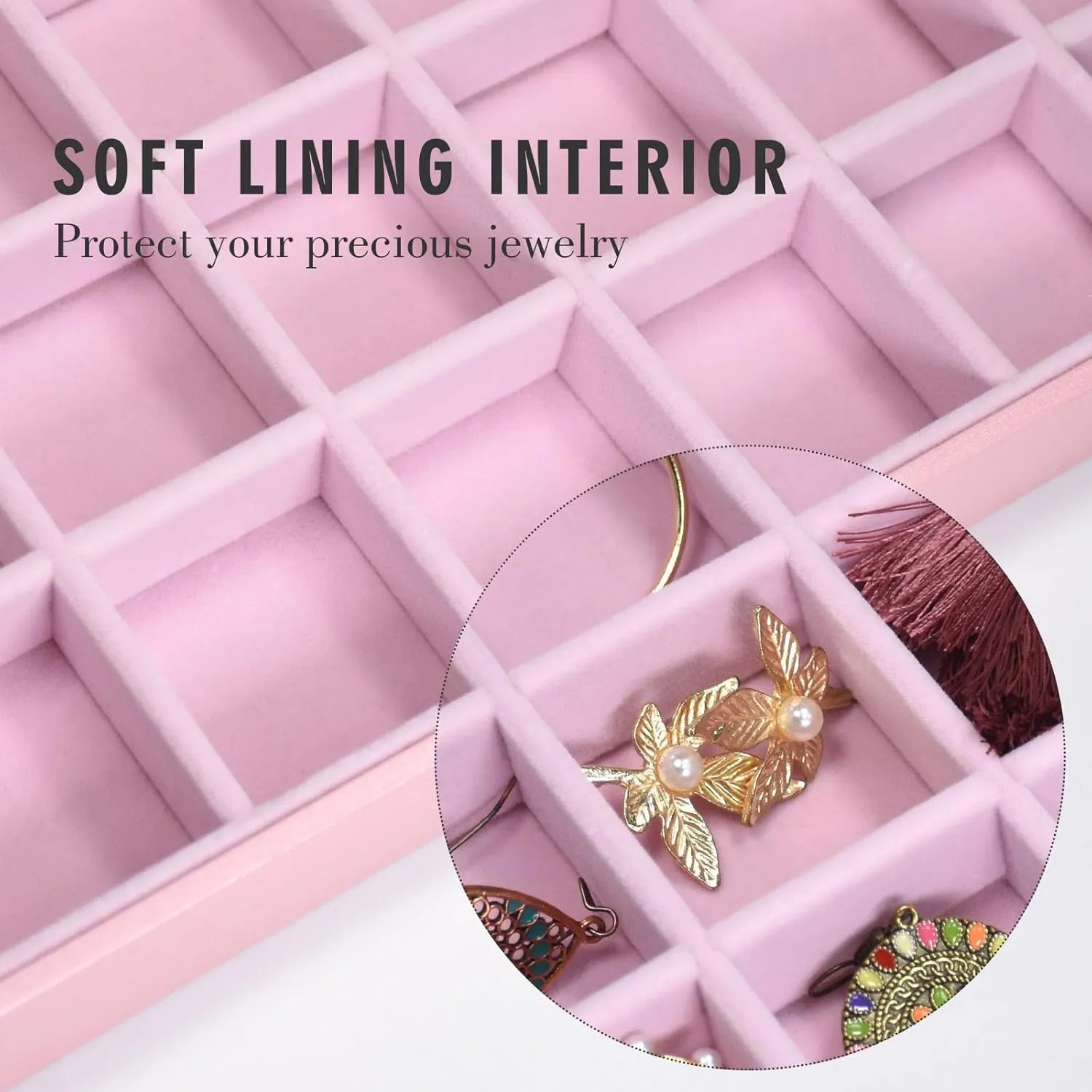 Jewelry Tray Organizer Box 48 Grid Jewelry Display Organizer Box with Transparent Lid Rings Earrings Necklaces Pendants Display Box Suitable for Women and Girls (48 Grid, Pink)