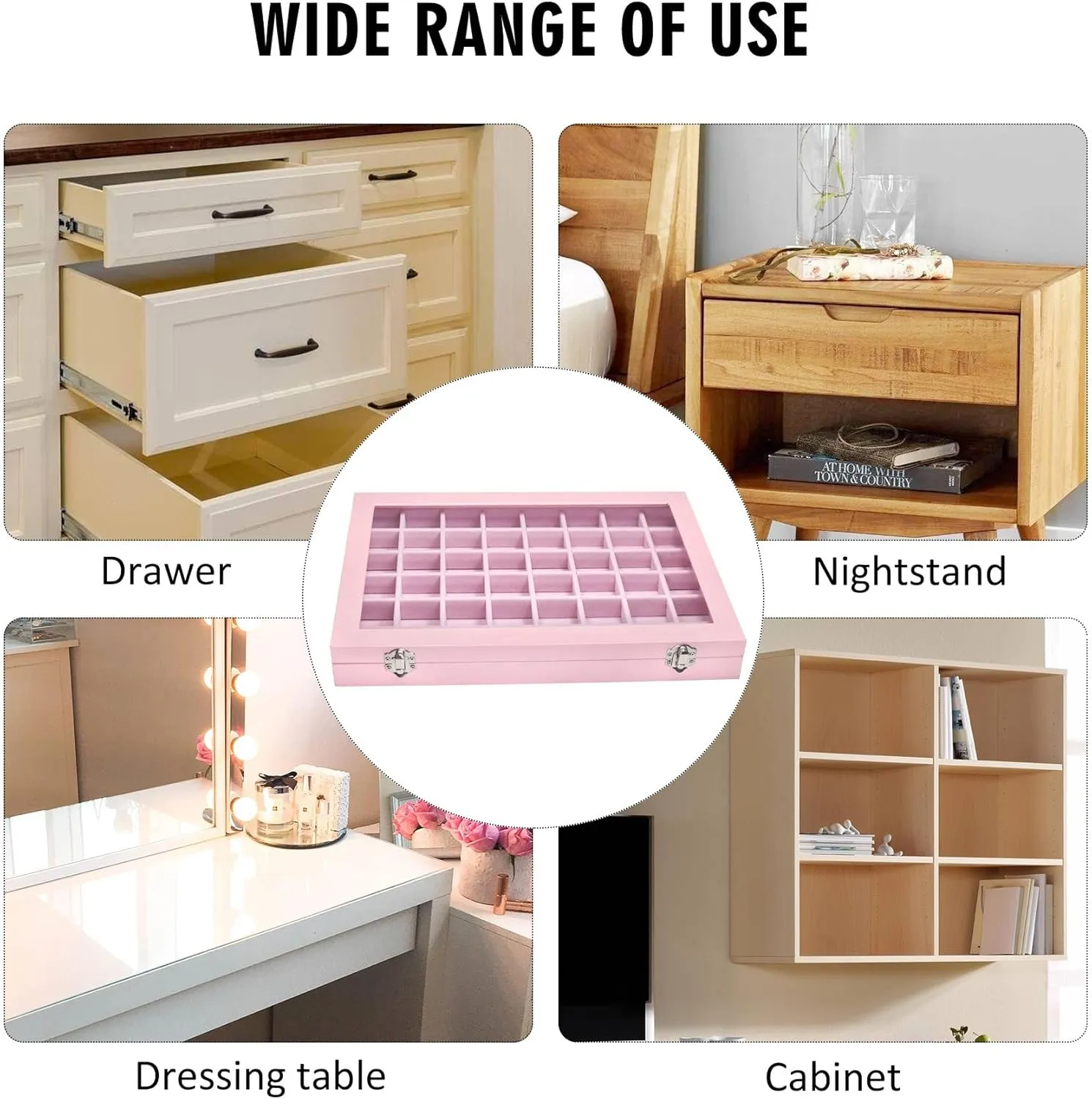Jewelry Tray Organizer Box 48 Grid Jewelry Display Organizer Box with Transparent Lid Rings Earrings Necklaces Pendants Display Box Suitable for Women and Girls (48 Grid, Pink)