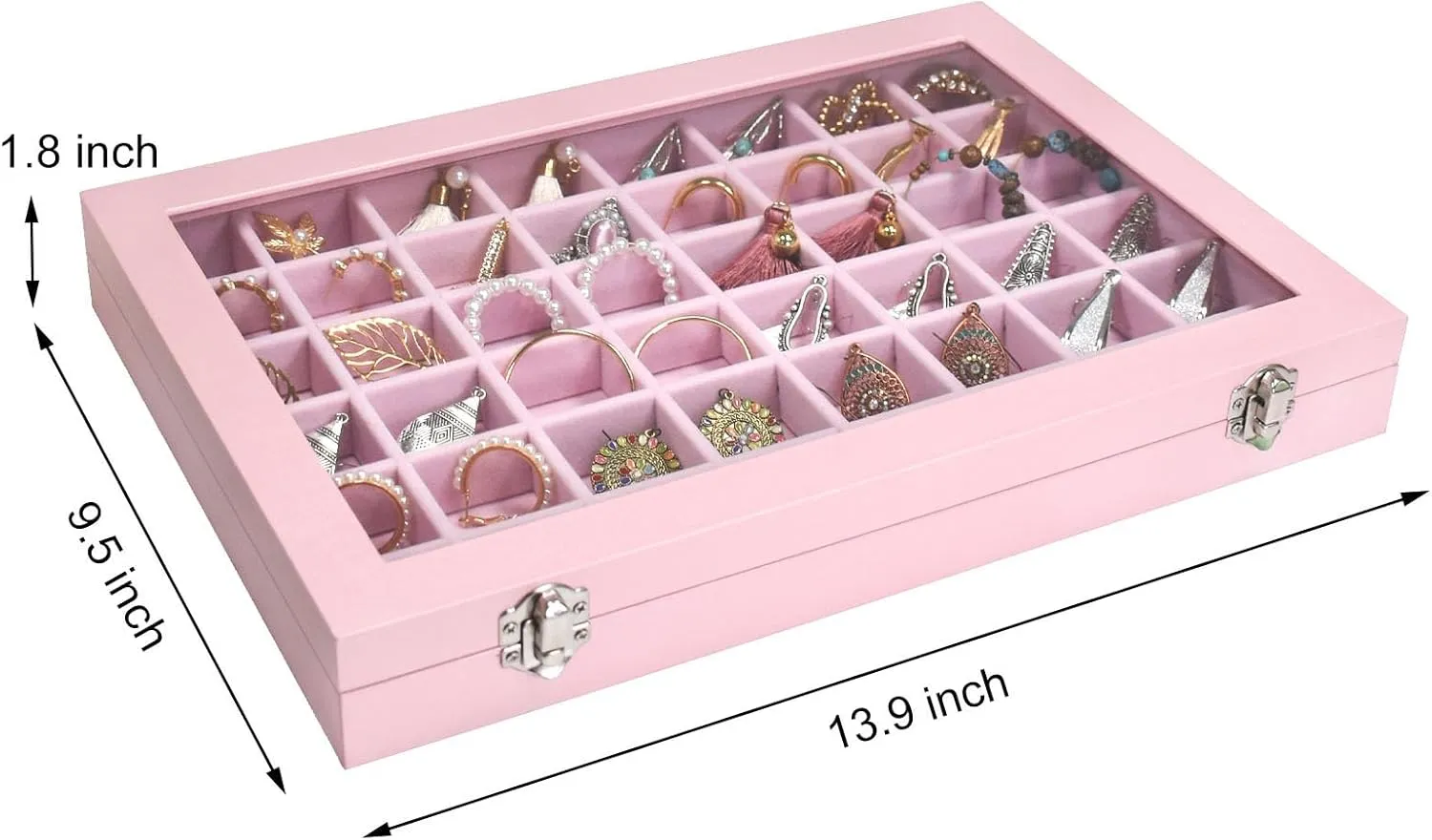 Jewelry Tray Organizer Box 48 Grid Jewelry Display Organizer Box with Transparent Lid Rings Earrings Necklaces Pendants Display Box Suitable for Women and Girls (48 Grid, Pink)