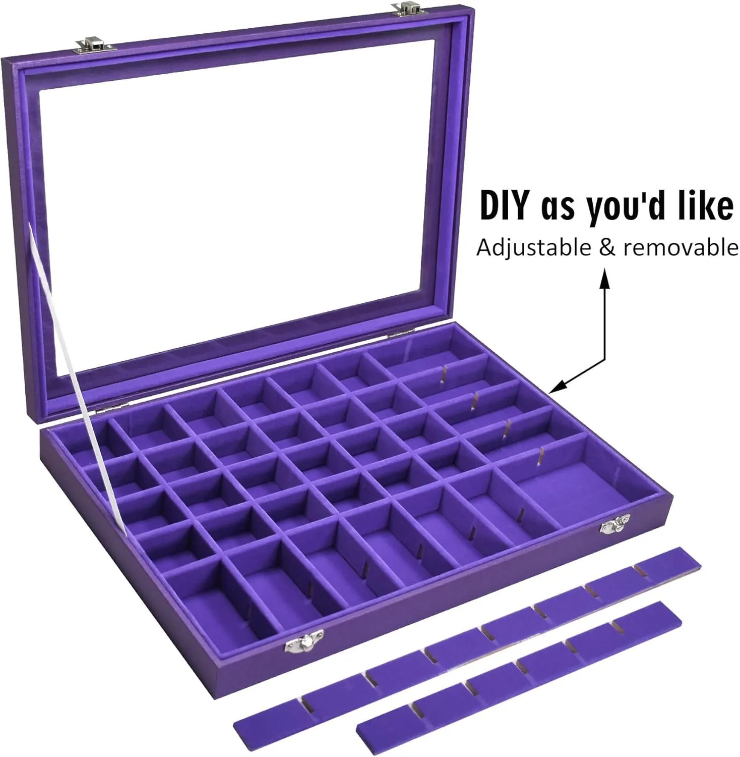 Jewelry Tray Organizer Box 48 Grid Jewelry Display Organizer Box with Transparent Lid Rings Earrings Necklaces Pendants Display Box Suitable for Women and Girls (48 Grid, Purple)