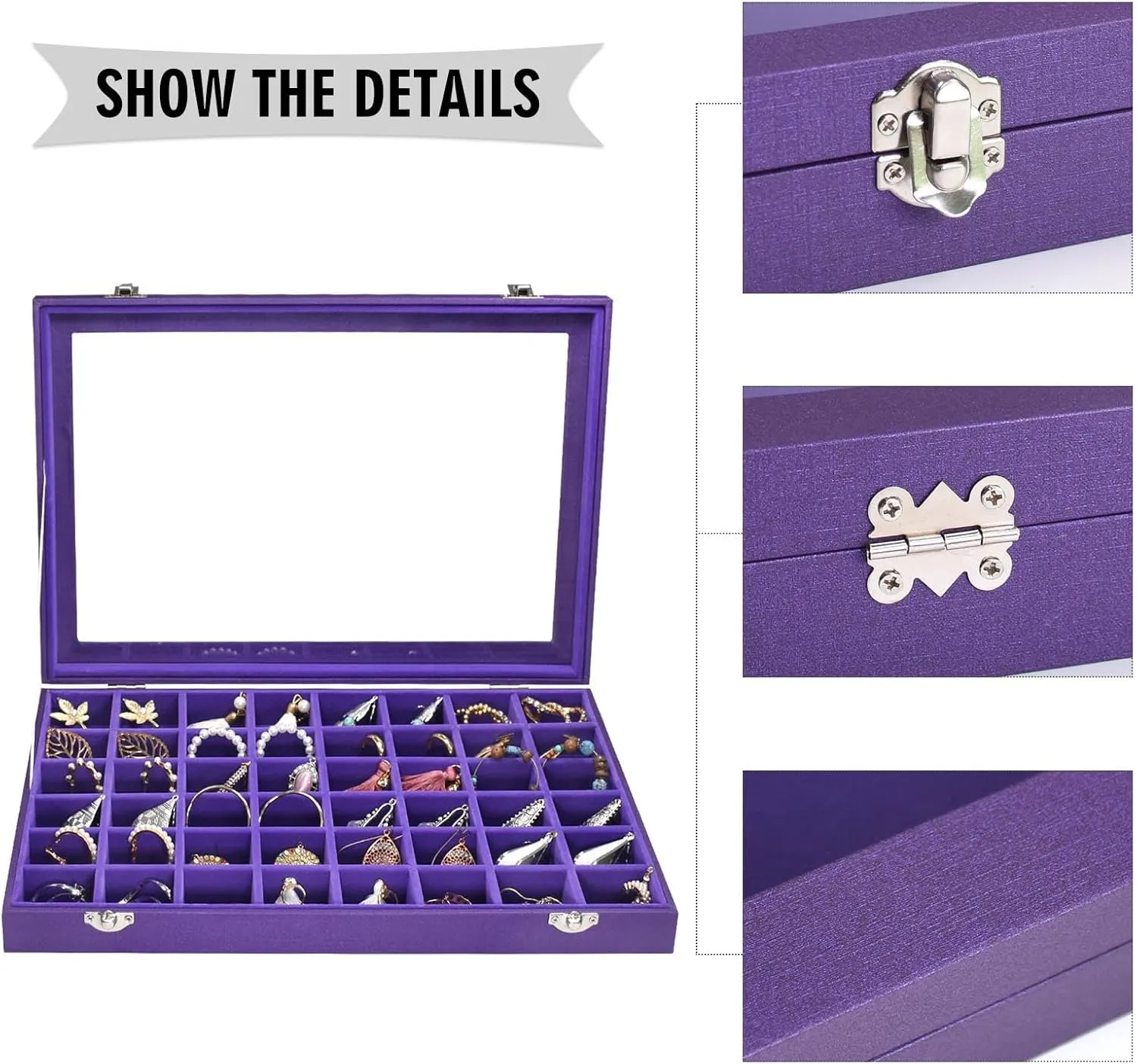 Jewelry Tray Organizer Box 48 Grid Jewelry Display Organizer Box with Transparent Lid Rings Earrings Necklaces Pendants Display Box Suitable for Women and Girls (48 Grid, Purple)