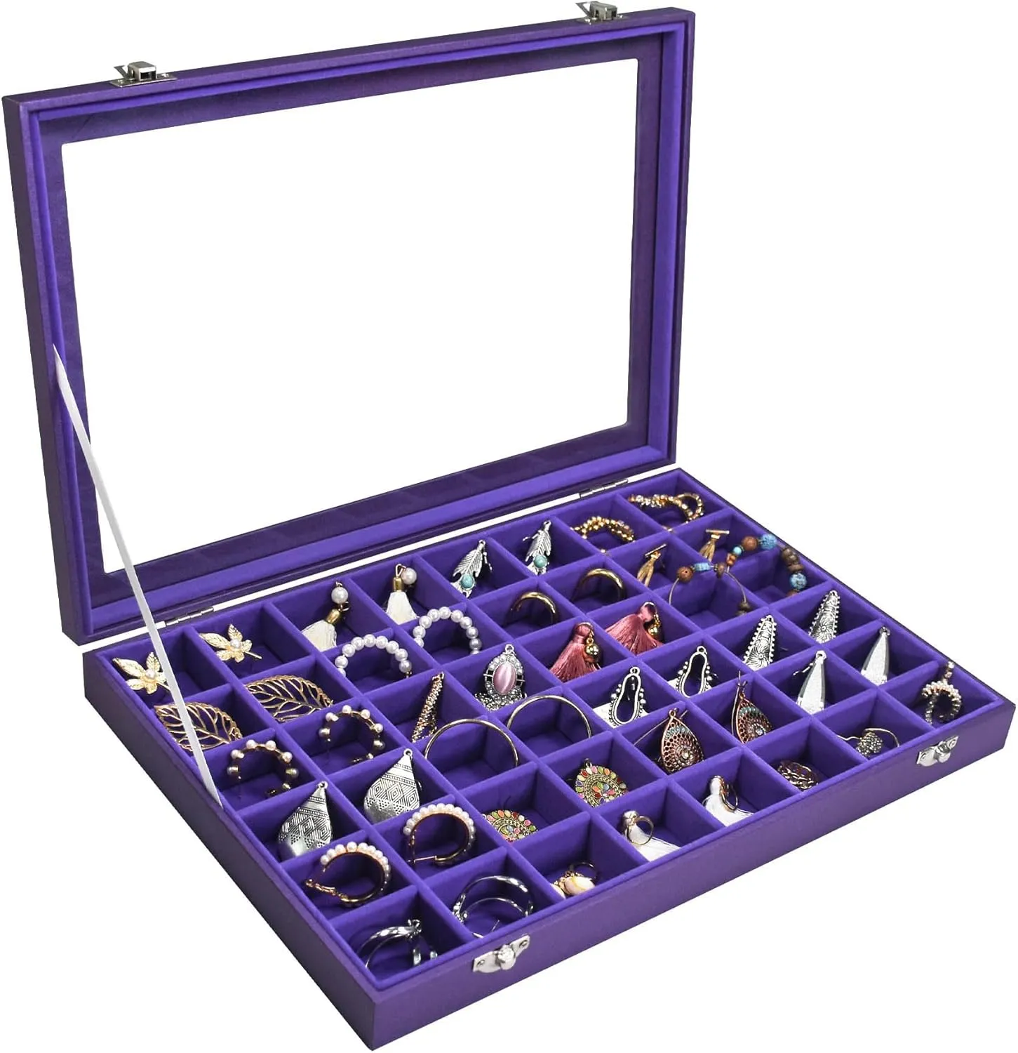 Jewelry Tray Organizer Box 48 Grid Jewelry Display Organizer Box with Transparent Lid Rings Earrings Necklaces Pendants Display Box Suitable for Women and Girls (48 Grid, Purple)