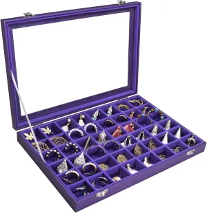 Jewelry Tray Organizer Box 48 Grid Jewelry Display Organizer Box with Transparent Lid Rings Earrings Necklaces Pendants Display Box Suitable for Women and Girls (48 Grid, Purple)