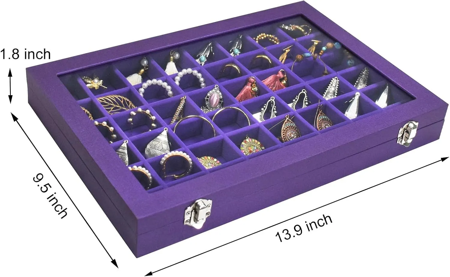 Jewelry Tray Organizer Box 48 Grid Jewelry Display Organizer Box with Transparent Lid Rings Earrings Necklaces Pendants Display Box Suitable for Women and Girls (48 Grid, Purple)