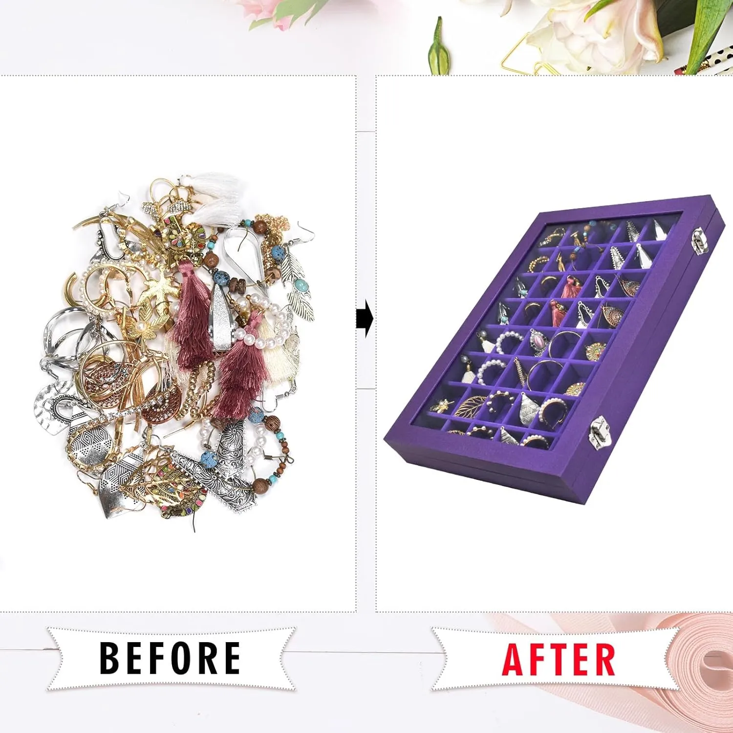 Jewelry Tray Organizer Box 48 Grid Jewelry Display Organizer Box with Transparent Lid Rings Earrings Necklaces Pendants Display Box Suitable for Women and Girls (48 Grid, Purple)