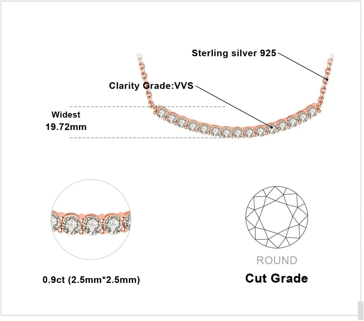 JewelryPalace Round Cut Moissanite Bar Collar Pendant Necklace for Women, 14K White Yellow Rose Gold Plated 925 Sterling Silver Necklaces for Her, Simulated Diamond 18 Inches Chain VVS D-F