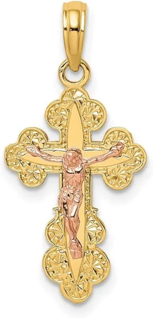 JewelryWeb 13mm 14k Two tone Gold Crucifix With Scallop Trim and Pink Religious Faith Inspiration Jesus Pendant Necklace for Women