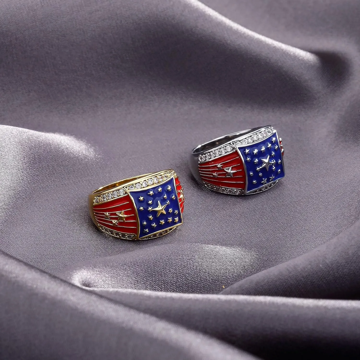 JINAO American Flag Rings for Men 14K Gold-Plated - Patriotic Chunky Ring with 5A Cubic Zirconia Border & Oil Painting Craft, Mens Fashion Jewelry 7-11