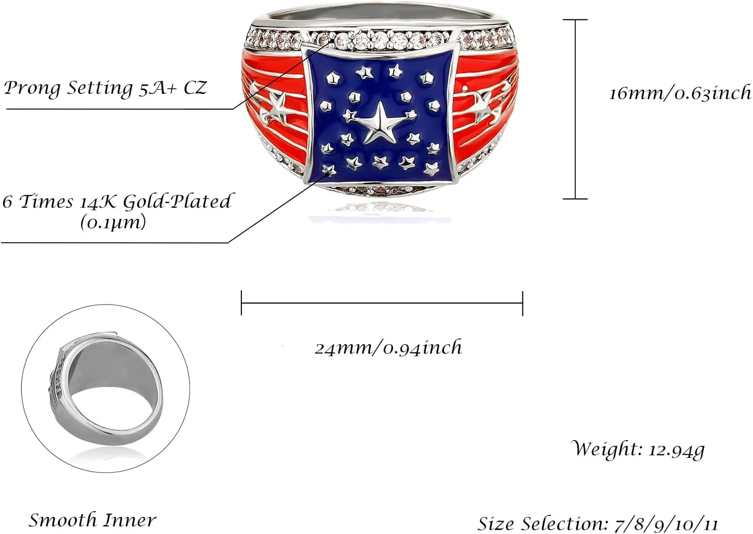 JINAO American Flag Rings for Men 14K Gold-Plated - Patriotic Chunky Ring with 5A Cubic Zirconia Border & Oil Painting Craft, Mens Fashion Jewelry 7-11