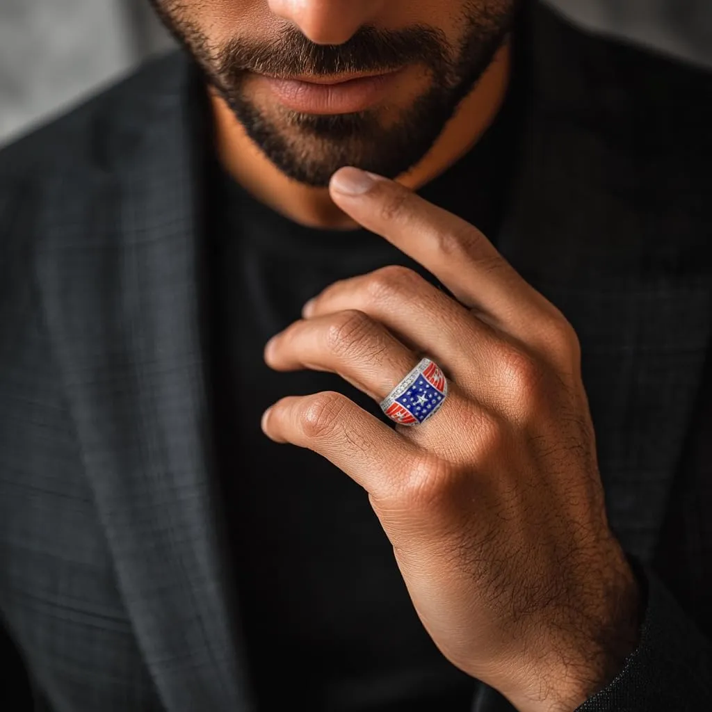 JINAO American Flag Rings for Men 14K Gold-Plated - Patriotic Chunky Ring with 5A Cubic Zirconia Border & Oil Painting Craft, Mens Fashion Jewelry 7-11