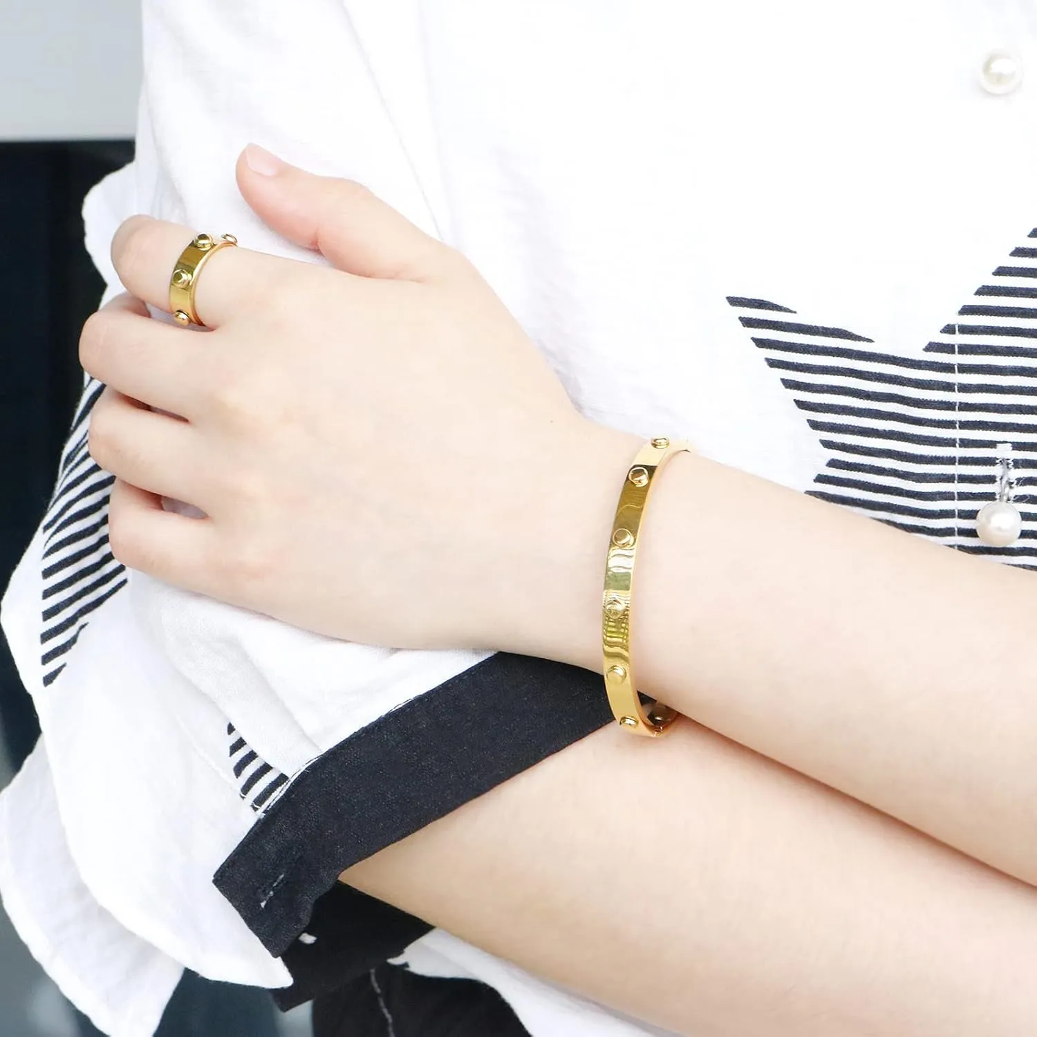 JINHUI Graduation Jewelry Gift for Her, Stainless Steel Rivet Studed Love Bangle Bracelet, Dainty Friendship Bangle Bracele for Women (Size 6.5")