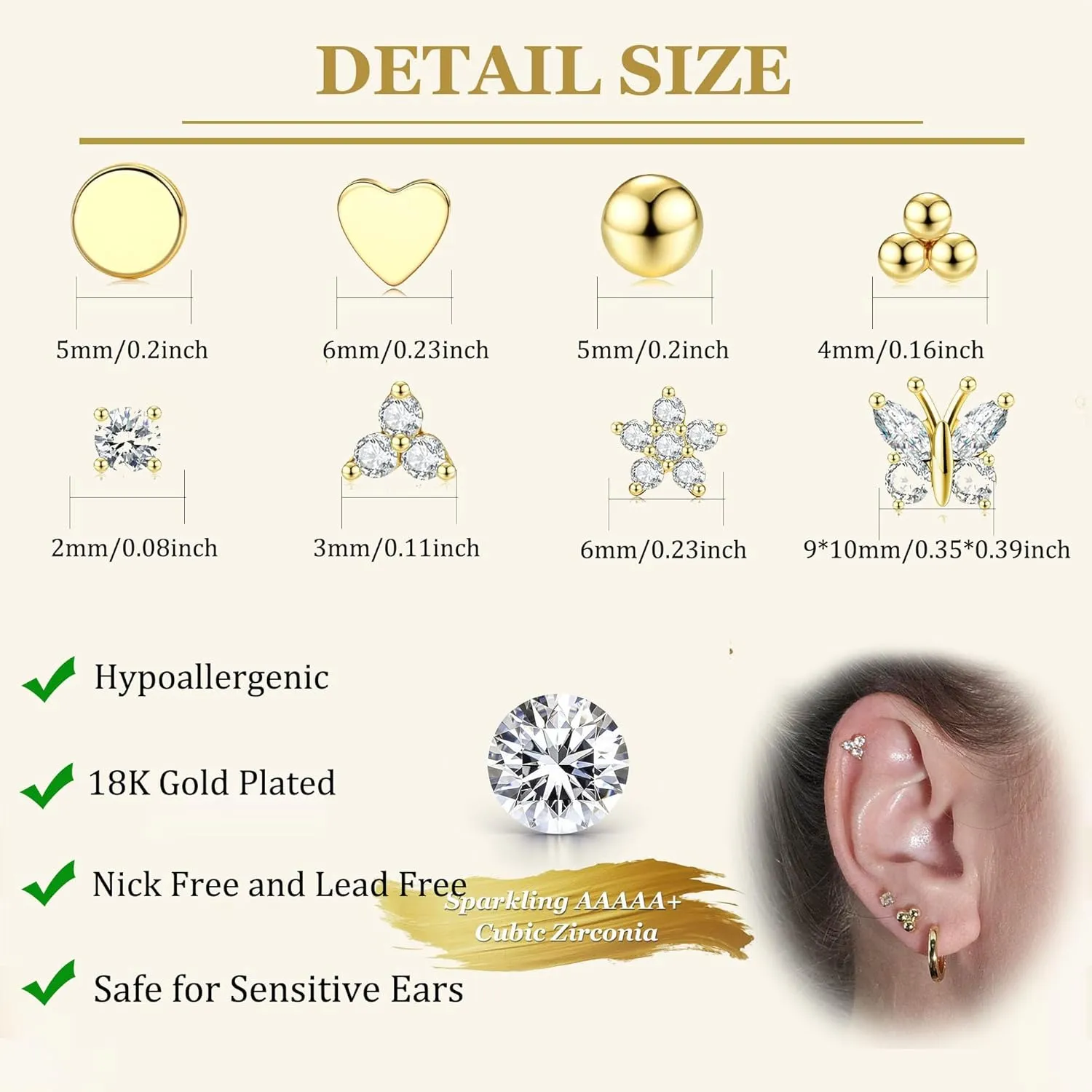 Jstyle 8 Pairs Sterling Silver Stud Earrings for Women, 14K Gold Plated Heart Flower Butterfly Tiny Stud Earrings Set for Multiple Piercing, Hypoallergenic Small Cubic Zirconia Studs Earrings, Dainty Earrings for Women