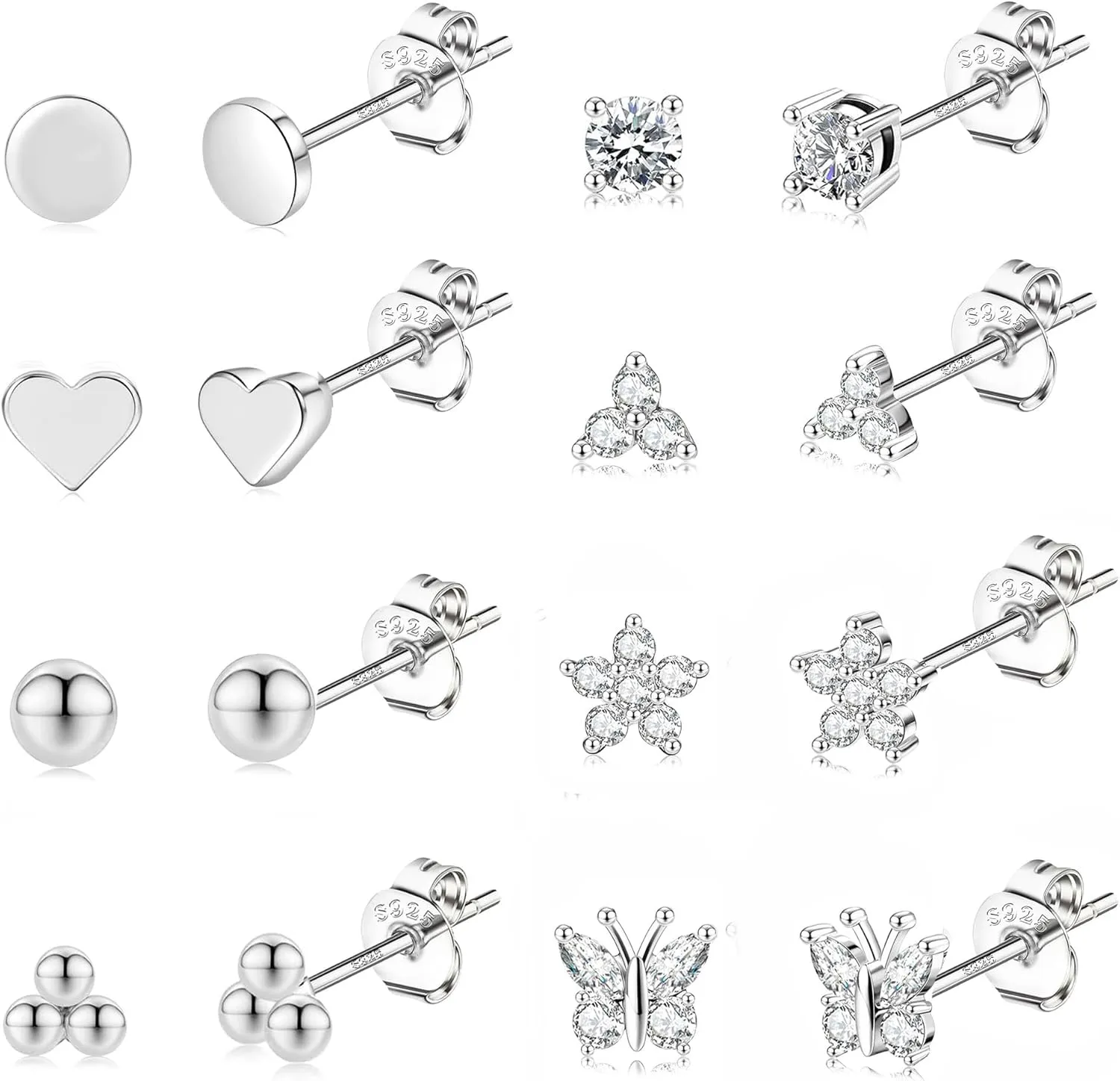 Jstyle 8 Pairs Sterling Silver Stud Earrings for Women, 14K Gold Plated Heart Flower Butterfly Tiny Stud Earrings Set for Multiple Piercing, Hypoallergenic Small Cubic Zirconia Studs Earrings, Dainty Earrings for Women