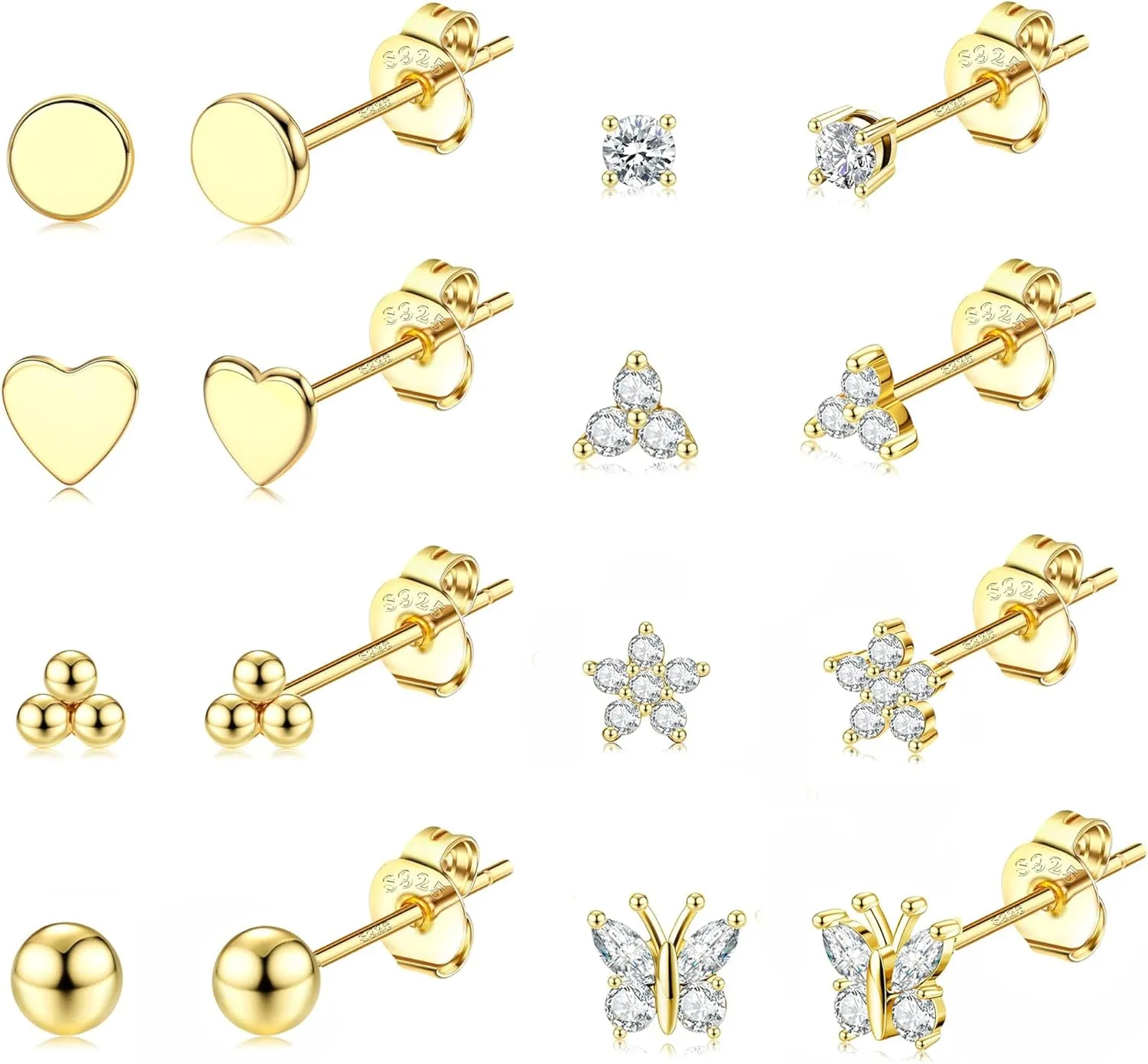 Jstyle 8 Pairs Sterling Silver Stud Earrings for Women, 14K Gold Plated Heart Flower Butterfly Tiny Stud Earrings Set for Multiple Piercing, Hypoallergenic Small Cubic Zirconia Studs Earrings, Dainty Earrings for Women