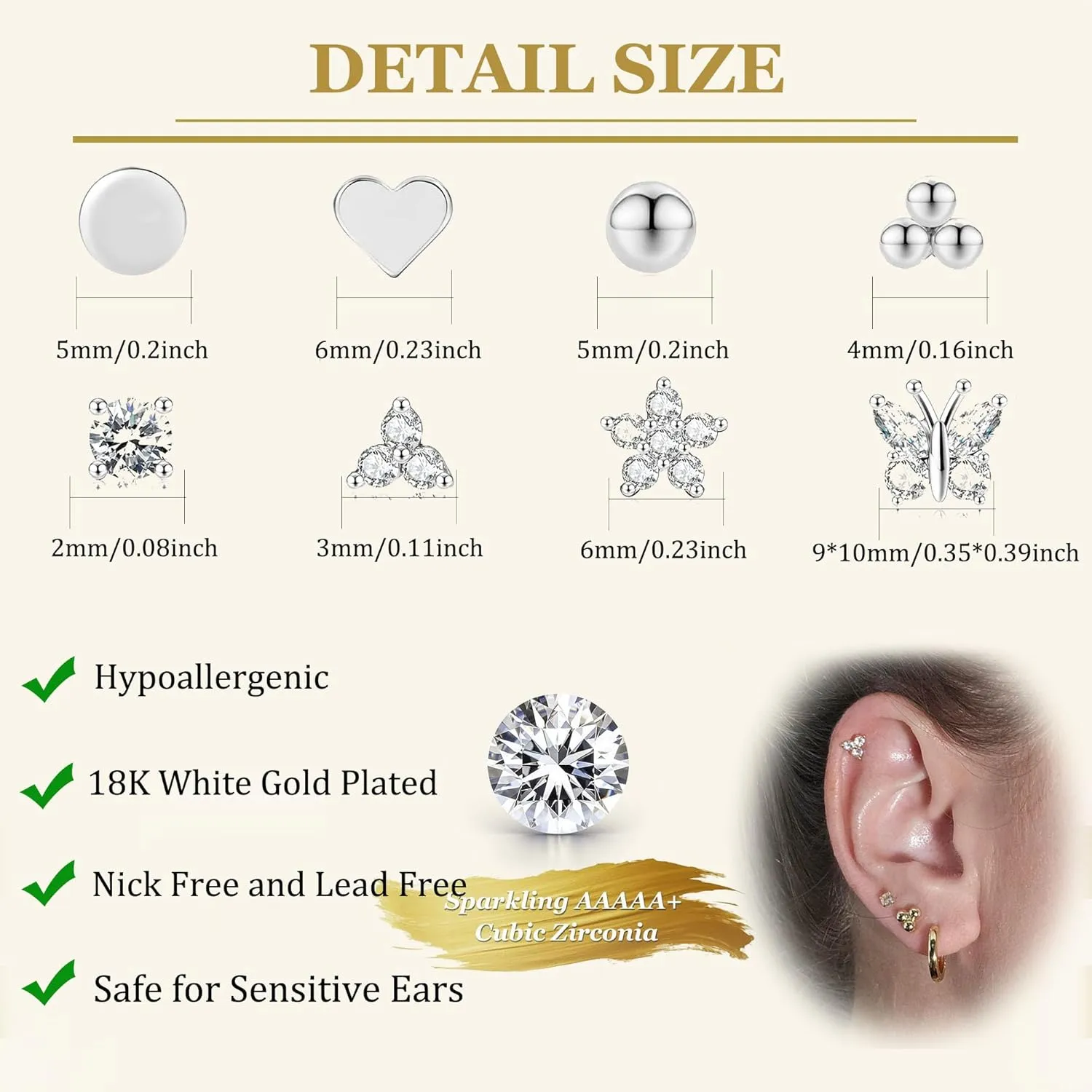 Jstyle 8 Pairs Sterling Silver Stud Earrings for Women, 14K Gold Plated Heart Flower Butterfly Tiny Stud Earrings Set for Multiple Piercing, Hypoallergenic Small Cubic Zirconia Studs Earrings, Dainty Earrings for Women