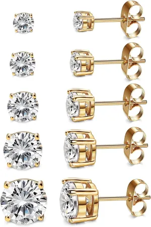 Kainier Women's 14K Gold Plated CZ Stud Earrings Simulated Diamond Round Cubic Zirconia Ear Stud Set5 Pairs)