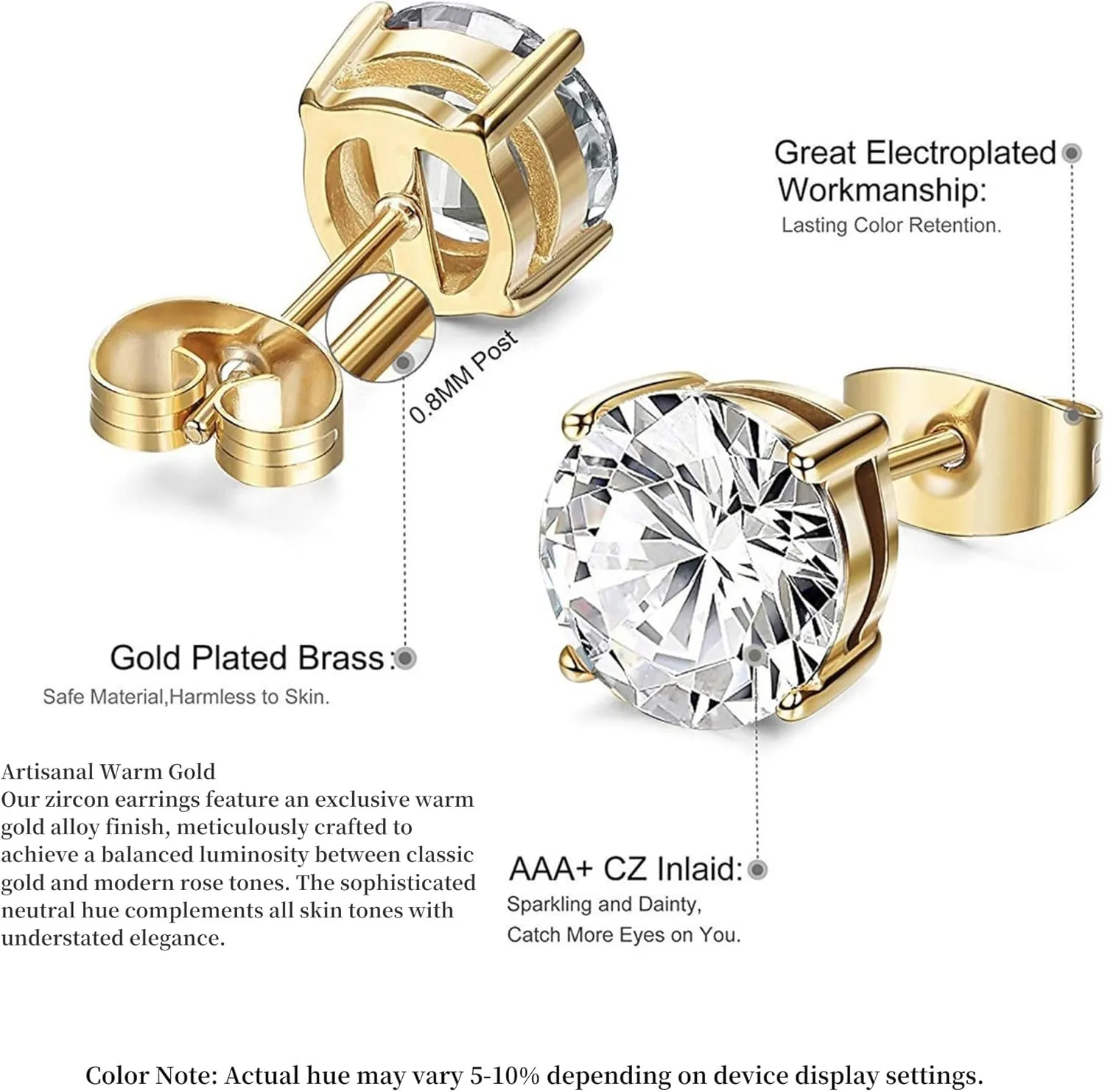 Kainier Women's 14K Gold Plated CZ Stud Earrings Simulated Diamond Round Cubic Zirconia Ear Stud Set5 Pairs)