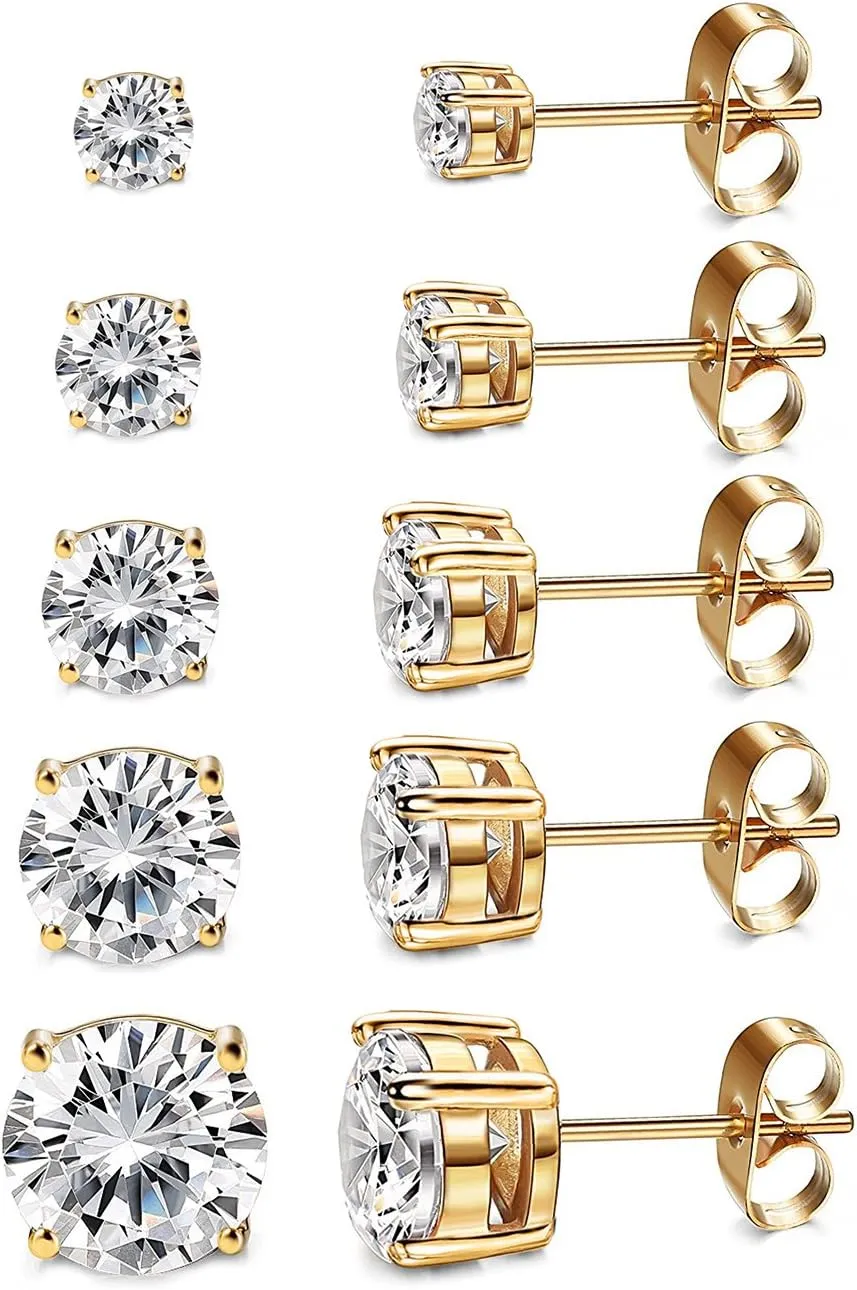 Kainier Women's 14K Gold Plated CZ Stud Earrings Simulated Diamond Round Cubic Zirconia Ear Stud Set5 Pairs)